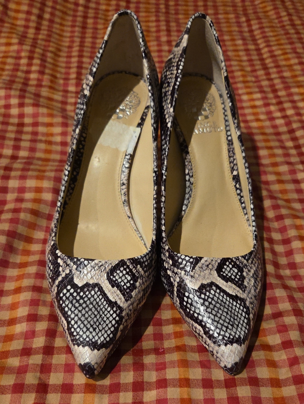 Vince Camuto Snake-Print Pointed Toe Pumps in Black and Cream